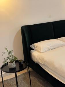 a bedroom with a bed and a table with a plant at Pirella House in Limassol