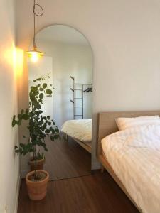 a bedroom with a bed and a potted plant at Josuri& in Jeju