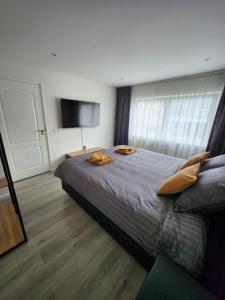 een slaapkamer met een bed met 2 kussens erop bij Casa Cinco in Valkenburg