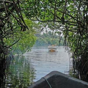 een groep mensen in een boot op een rivier bij Anveela in Beruwala