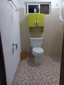 a bathroom with a toilet with a green cabinet at CASA ALTABRISA in Mérida