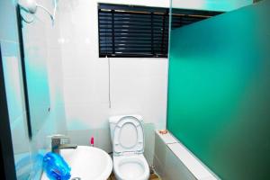 a bathroom with a white toilet and a sink at U3 Studio Apartment in Lagos