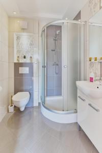 a bathroom with a shower and a toilet and a sink at Villa Konwalia in Grzybowo +44 photos