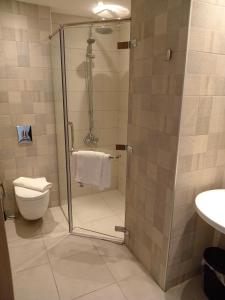 La salle de bains est pourvue d'une douche et de toilettes. dans l'établissement Alshakreen suites, à Amman