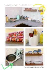 a collage of four pictures of a kitchen with food at Neko Homestay Hue in Hue