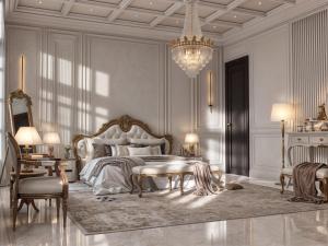 - une chambre avec un lit, une table et un lustre dans l'établissement Nawab Estate Resort and Residencia, à Lassān