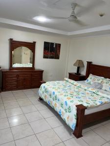een slaapkamer met een bed, een dressoir en een spiegel bij FINE HOMES MIKOCHENI in Dar es Salaam
