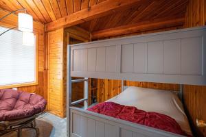 - une chambre avec des lits superposés dans une cabine dans l'établissement 3BR Fife Lake Getaway with Fire Pit & Hot Tub, à Fife Lake