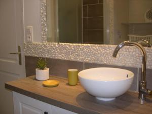 Un mostrador de baño con un lavabo y un espejo. en Gîte Ammonite, en Chauzon 27 fotos más