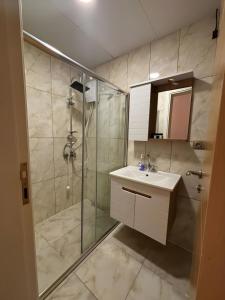 a bathroom with a shower and a sink at Ayvacık Hotel Restaurant in Samsun