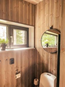 a bathroom with a toilet and a mirror at Trakt Forest Hotel in Holsbybrunn