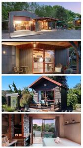 duas fotos de uma pequena casa no meio em Swiss-Kiwi Retreat A Self-contained Appartment or a Tiny House option em Tauranga