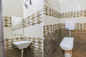 2 immagini di un bagno con servizi igienici e lavandino di FabExpress Convivial Star a Raipur