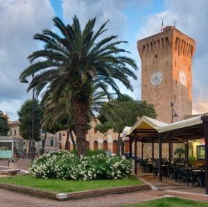 a palm tree in front of a clock tower at Ville et Mer - tra città e mare in Porto Recanati