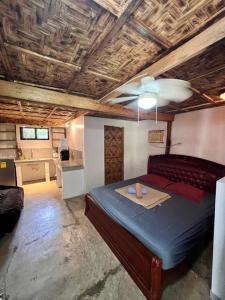 卢纳将军城Rose Homestay, near Cloud9, Tourism Road and Surfing spots的一间卧室，里面有一张床和一个吊扇