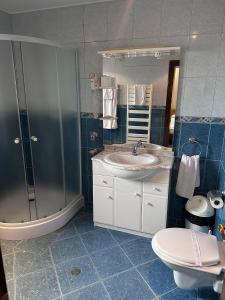 een badkamer met een wastafel, een douche en een toilet bij Erene Hotel in Câmpulung Moldovenesc