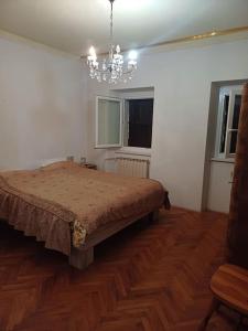 a bedroom with a bed and a chandelier at Kamnita hiša in Koper
