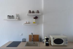 un bancone della cucina con forno a microonde e lavandino di Megusta Mykonos a Tourlos