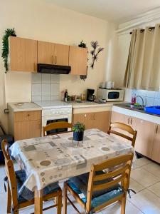 a kitchen with a table and chairs and a kitchen with a table and a kitchen at Heiata Lodge Papeete in Papeete