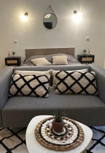 ein Schlafzimmer mit einem Bett und einem Tisch mit einem Sofa in der Unterkunft Charmant t1 dans le verdon in Gréoux-les-Bains