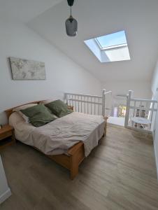 1 dormitorio con 1 cama y tragaluz en Charmant appartement avec jardin au calme en Châteauneuf