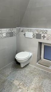 a bathroom with a white toilet in a room at Mini Villa in Alfeld Leine in Alfeld
