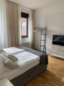 a bedroom with a bed and a flat screen tv at Charmante Altbauwohnung in Weinheim