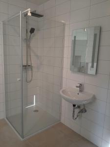 bagno con doccia in vetro e lavandino di Wachau - Angenehm ruhiges Zimmer 6 a Mautern an der Donau