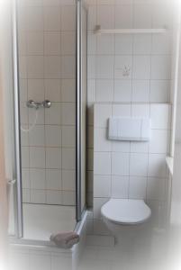 a white bathroom with a shower and a toilet at Gasthof Stern in Burgsinn