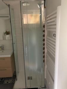 ボワ・ル・ロワにあるCharmant Studio refait à neufのバスルーム(ガラスドア付きのシャワー付)
