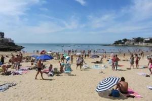 un grand groupe de personnes sur une plage dans l'établissement Studio maisonnette 200 m de la plage tout à pieds, à Saint-Palais-sur-Mer