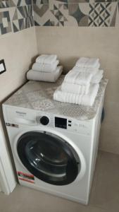 uma máquina de lavar roupa na casa de banho com toalhas num balcão em RineddaHouse em Palermo