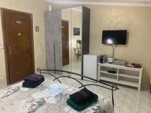 1 dormitorio con 1 cama, TV y espejo en B&B Buena Vista en Focene