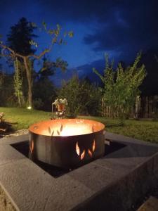 a fire pit in a yard at night at Waldoase in Schenna