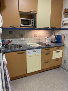a kitchen with a sink and a microwave at Familienurlaub am See in Bodensdorf