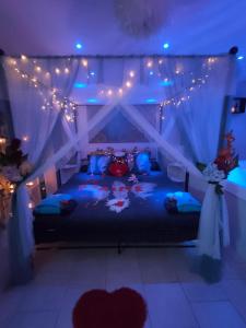 a bedroom with a bed with a canopy and lights at Loft avec Baignoire SPA LÉcrin Romantique in Ochancourt