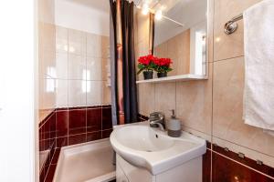 ドゥブロヴニクにあるApartment Vikiの洗面台、トイレ、鏡のあるバスルーム +19枚の写真