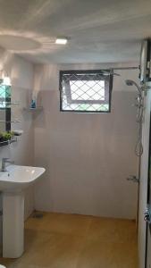 a bathroom with a sink and a shower and a window at Villa Freedom in Ahangama