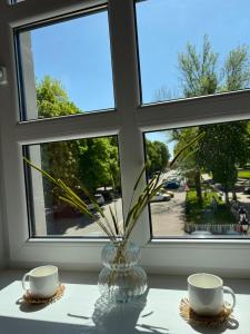 una ventana con un jarrón y dos tazas sobre una mesa en Florian en Kamianets-Podilskyi