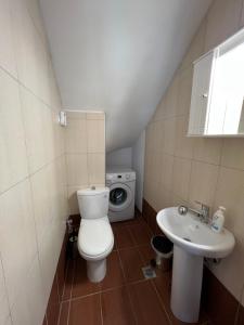 a bathroom with a toilet and a sink and a washing machine at Penelope's Maisonette in Skala Potamias +12 photos