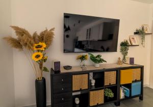 - un centre de divertissement avec une télévision sur un mur fleuri dans l'établissement Patty's House, à Quartu SantʼElena
