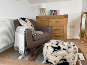 un soggiorno con sedia e coperta di Loughview Lodge a Whitehead