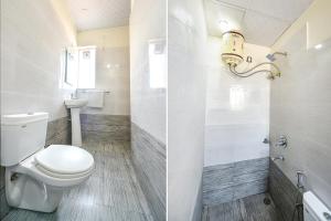 two pictures of a bathroom with a toilet and a sink at FabEscape Panchkula Motels in Panchkula