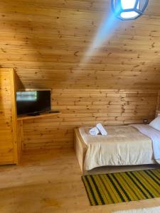 a bedroom with a bed and a tv in a wooden wall at Prroni's Rooms in Shkodër