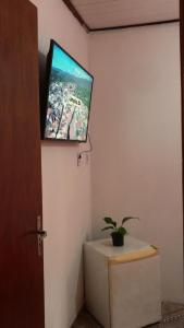 TV de pantalla plana colgada en una pared con una planta en Kalena Suítes, en Lençóis