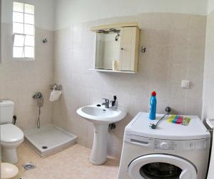 a bathroom with a washing machine and a sink at Studios Akrotiri in Mytilini