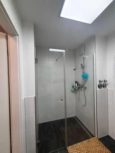 um chuveiro com uma porta de vidro na casa de banho em Nexus Suites em Pulheim