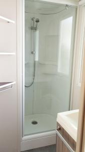 a shower with a glass door in a bathroom at Mobil Home vue sur le lac dans un camping 4 étoiles à Cadenet in Cadenet