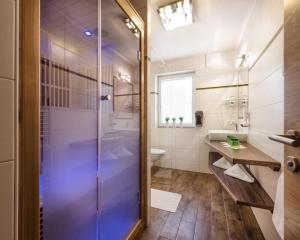 a bathroom with a shower and a toilet and a sink at das Burghard in Altenmarkt im Pongau