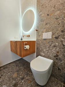 ein Badezimmer mit einem weißen WC und einem Spiegel in der Unterkunft Deluxe Vintage Chic - Kazimierz Old Town in Krakau